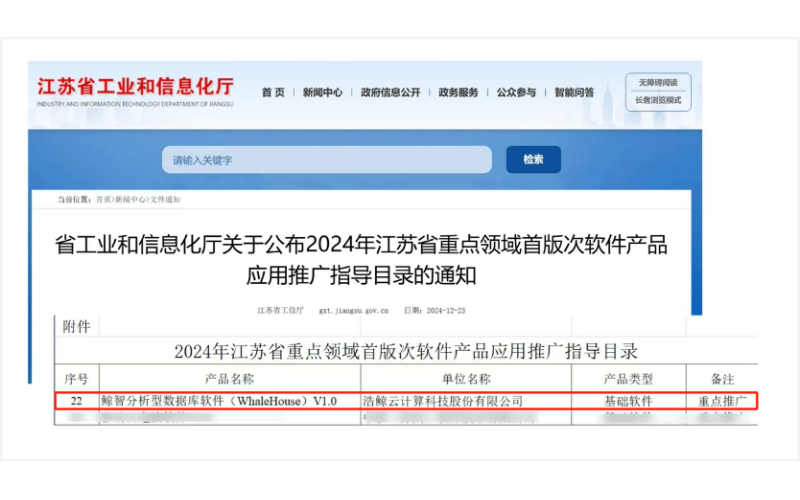 省級認證！浩鯨科技鯨智分析型數據庫入選“江蘇省重點領域首版次軟件產品目錄”